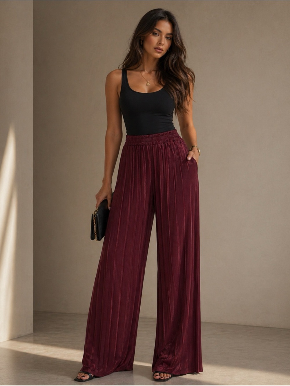 NWOT Elegant Burgundy Pleated Women's Satin Pants